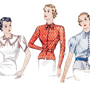 vintage sewing pattern 1930s blouse reproduction // 3 styles // puff sleeves // lace trim  // peplum waist // bow collar // bust 34/ 1930