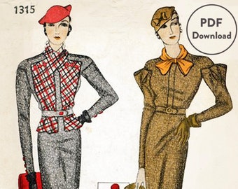 vintage naaipatroon jaren 1930 30 s jurk jurk blouse twee stijlen buste 32 b32 Instant Download