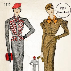 vintage sewing pattern 1930s 30s  suit dress jacket blouse two styles bust 32 b32 Instant Download
