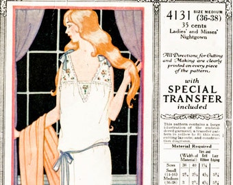 May include: A vintage sewing pattern for a nightgown, featuring a woman in a white nightgown with a blue sash. The pattern is for sizes 36-38 and includes a special transfer. The pattern is 35 cents.