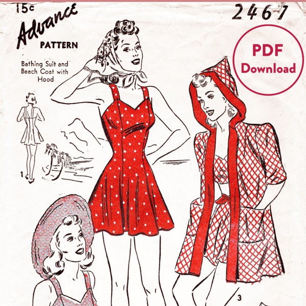 vintage sewing pattern 1940s 40s  crop top skirt playsuit swimsuit romper cover up beach coat hoodie bust 34 Instant Download