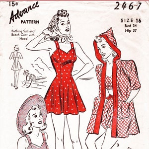 vintage sewing pattern 1940s 40s repro  4 piece set crop top skirt playsuit swimsuit romper cover up beach coat with hoodie bust 34 b34