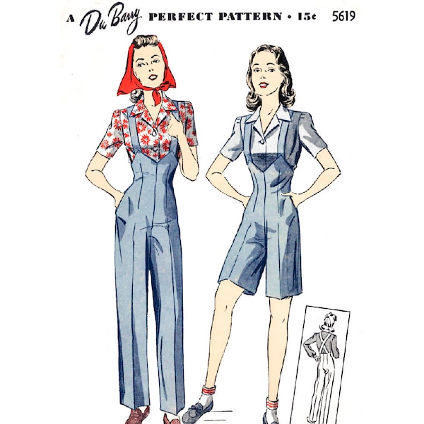 vintage sewing pattern 1940s rosie the riveter workwear ensemble // jumpsuit suspender trousers // blouse //  repro // bust 32 34 36 38