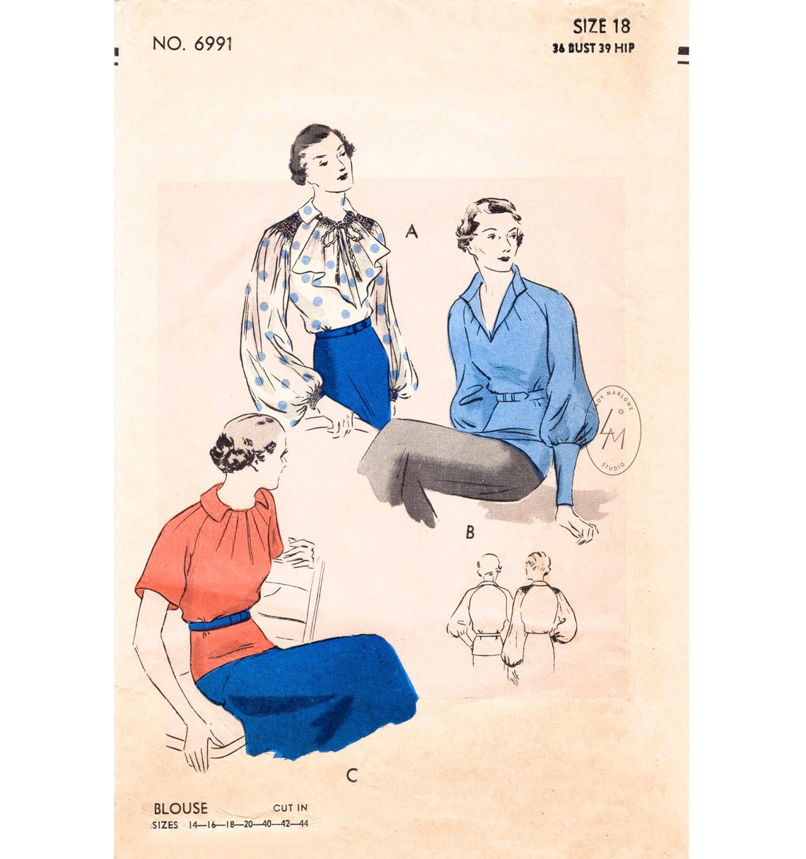 Vintage Sewing Pattern 1930s 30s Blouse 3 Styles / Reproduction ...