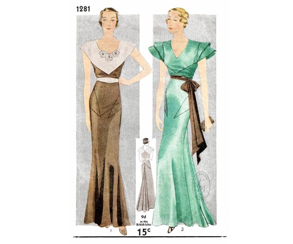 1930s evening dress vintage sewing pattern repro spaghetti straps plunge back English /& French PICK YOUR SIZE bust 32 34 36 38 40