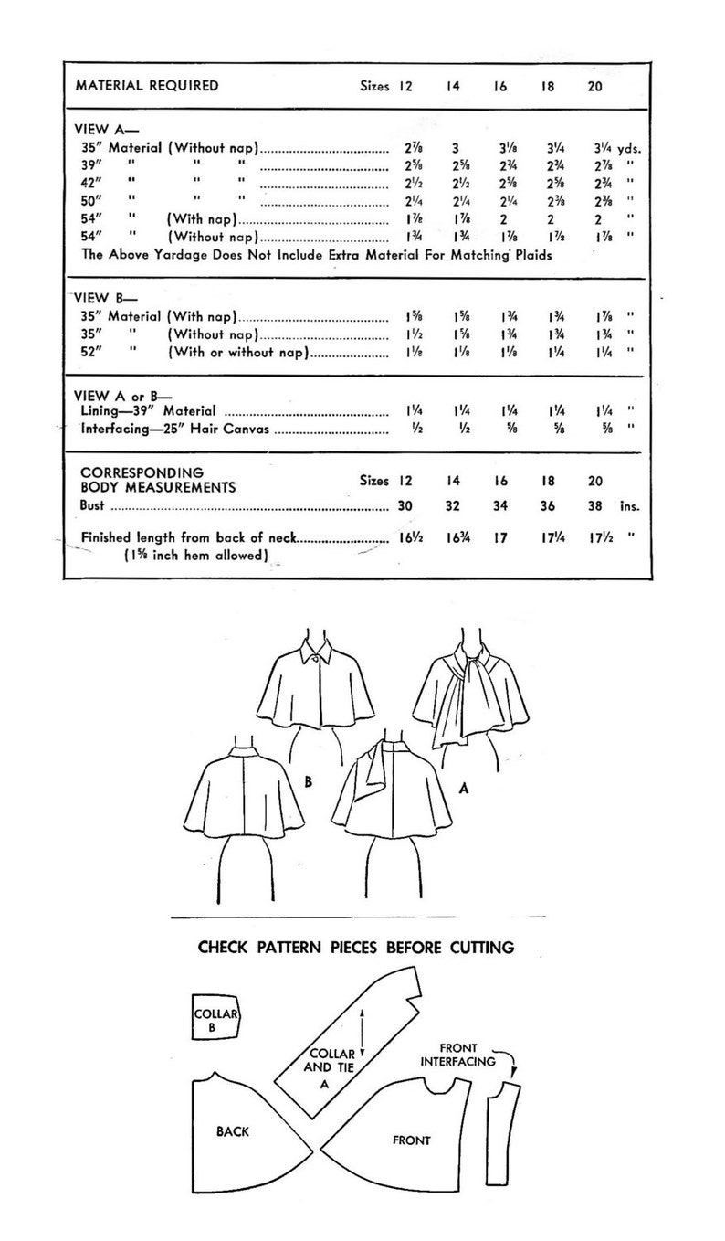 vintage sewing pattern 1950s 50s Cape Shawl Evening or Day French /& English PICK YOUR SIZE Bust 32 34 36 38 40 42