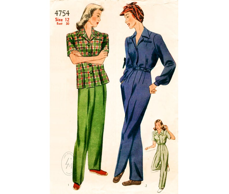 Vintage Sewing Pattern 1940s 40s rosie the riveter 2 piece workwear trousers & blouse set bust 30 b30 reproduction image 1