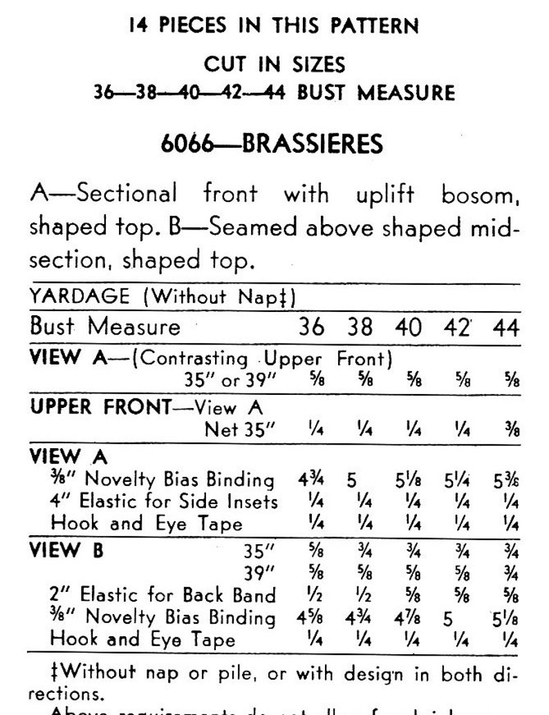 Puede incluir: Un patr&oacute;n de costura en blanco y negro para un sujetador, con instrucciones para cortar y coser en diferentes tama&ntilde;os. El patr&oacute;n incluye medidas para tallas de pecho de 91,4 a 111,8 cm.