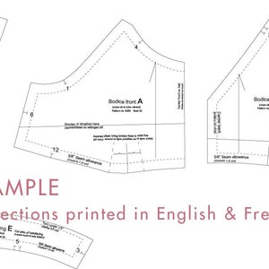 May include: A black and white sewing pattern for a bodice, with instructions printed in English and French. The pattern includes pieces for the front, back, and neck facing.