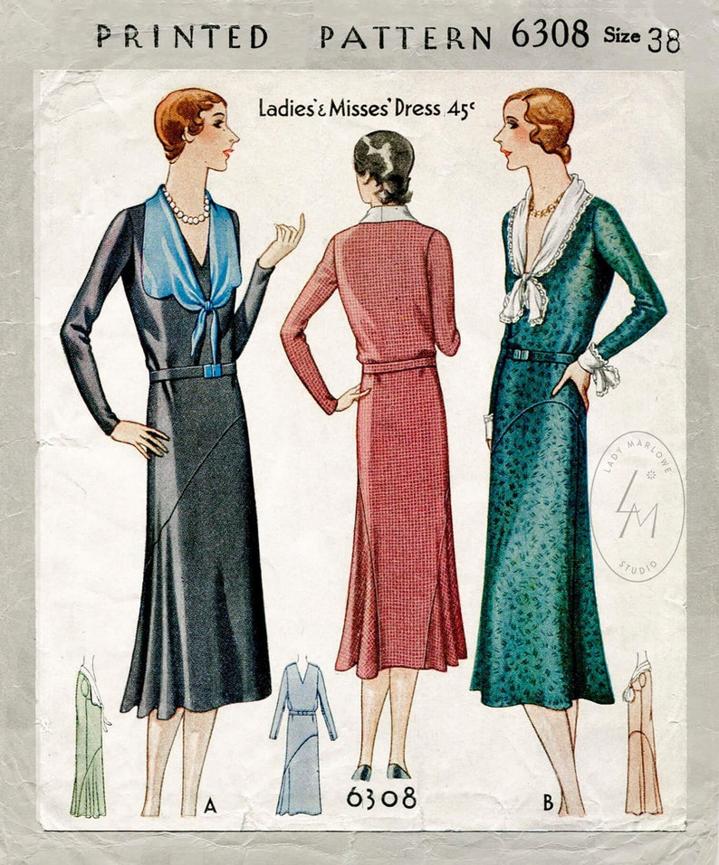 1930s Sewing Patterns- Dresses, Pants, Tops vintage sewing pattern reproduction 30s 1930s day dress tie collar bias cut flounce skirt bust 38 b38 $22.80 AT vintagedancer.com