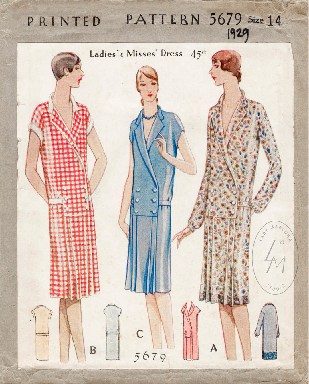 Vintage Sewing Pattern 1920s 20s Flapper Day Dress 3 Styles Pleated ...