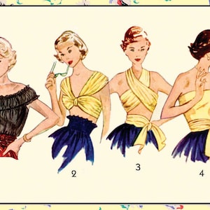 May include: Four illustrations of women wearing different styles of yellow tops. The tops are all sleeveless and have a knotted or tied detail. The women are wearing blue skirts. The illustrations are numbered 1 through 4.