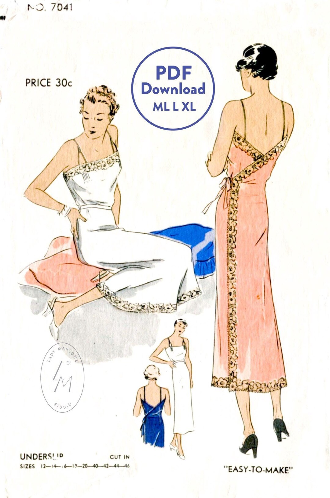 ML L XL Vintage Sewing Pattern 1930s 30s Vintage Lingerie