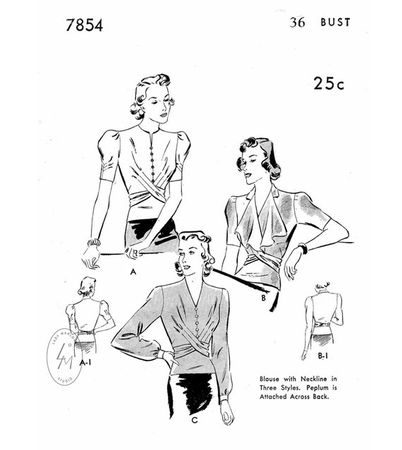 Vintage sewing pattern 1930s 30s blouse 5 styles / | Etsy