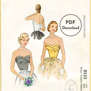 Digital Download vintage sewing pattern 1950s strapless evening bodice / PDF / bust 30 b30 reproduction English & French