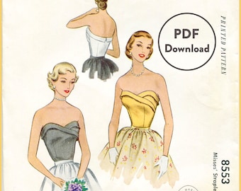 Digital Download vintage sewing pattern 1950s strapless evening bodice / PDF / bust 30 b30 reproduction English & French