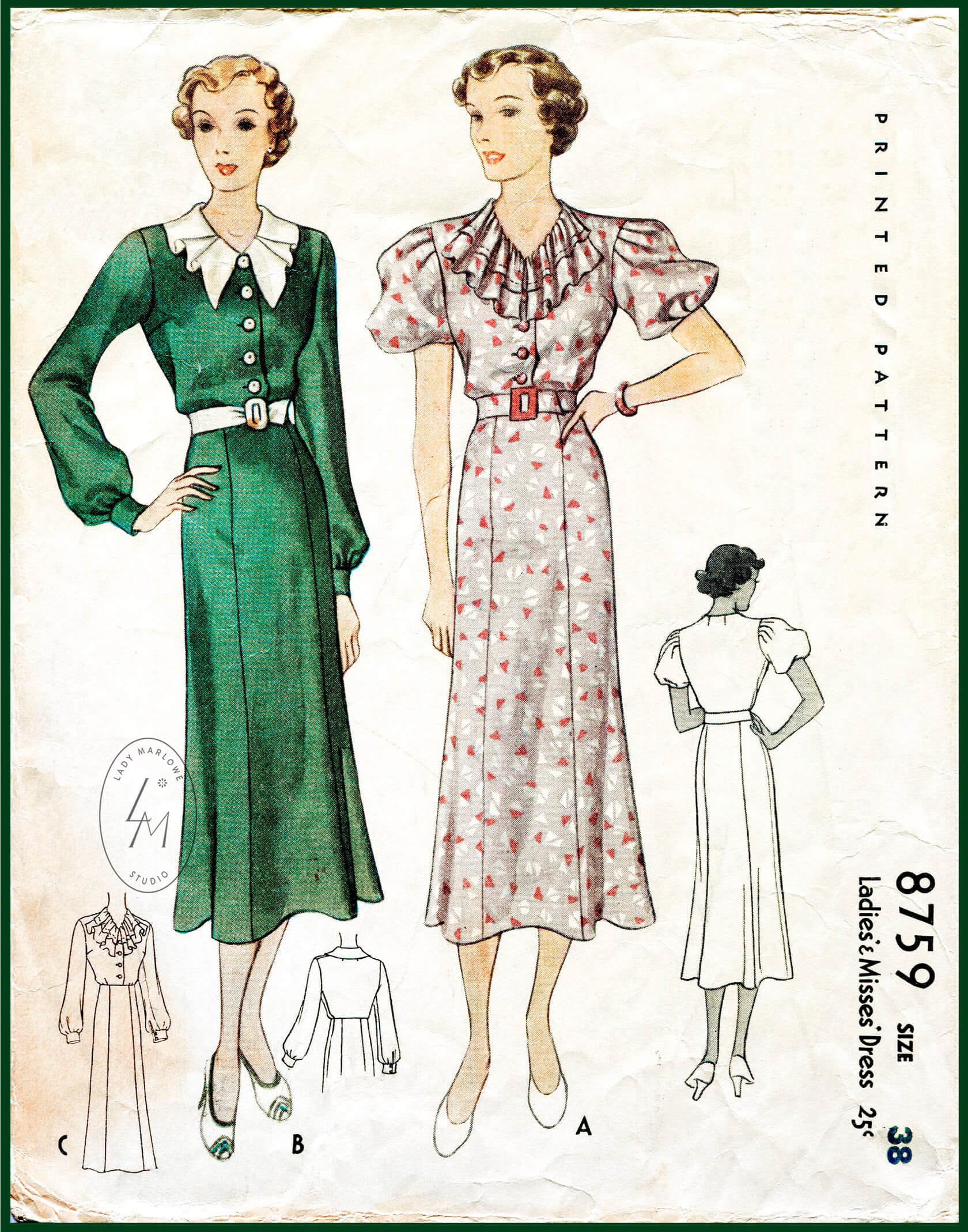 Vintage Sewing Pattern 30s 1930s Day Dress Ruffle Collar a Line Skirt Bust 38 B38 1930 Reproduction Etsy Sweden