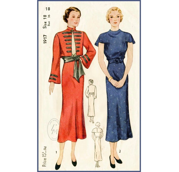 Vintage Sewing Pattern 1930s 30s Day Dress Sash Skirt Military