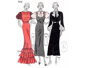 vintage sewing pattern 1930s dress sewing pattern reproduction / evening gown or pinafore day dress / 3 styles bust 38 / 1930