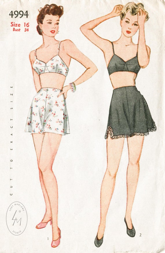 Vintage Sewing Pattern 1940s 40s Lingerie Bra and Tap Shorts Bust 34 B34  Reproduction 