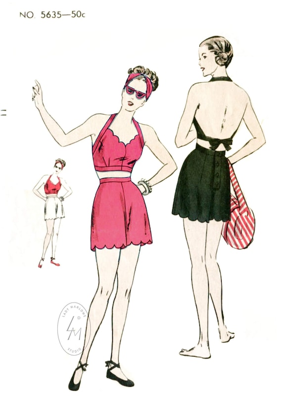 Vintage Playsuit Swim Sewing Pattern 1940s 40s Crop Top Halter Etsy