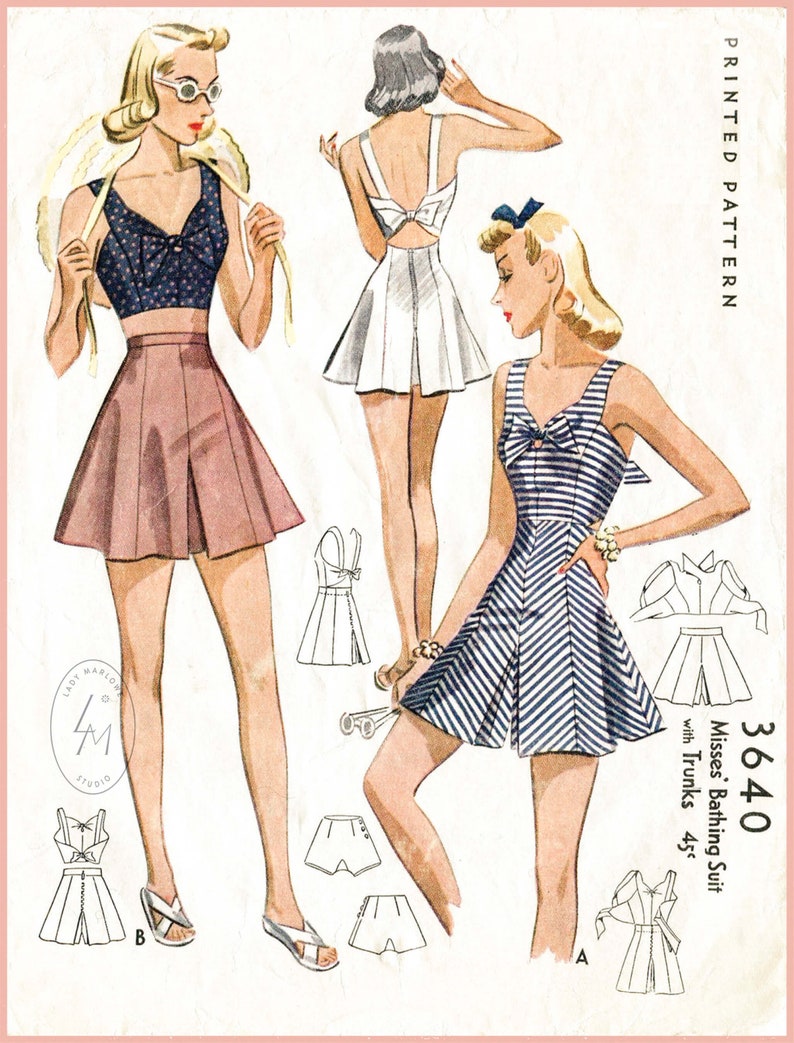 1940s Sewing Patterns – Dresses, Overalls, Lingerie etc 40s 1940s PICK YOUR SIZE bust 32 34 36 38 vintage womens sewing pattern crop top playsuit shorts beach romper English & French reproduction $21.80 AT vintagedancer.com