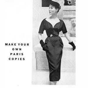 vintage sewing pattern 1950s 50s  cocktail wiggle dress plunge neckline Paquin Couturier Bust 30 B30  reproduction