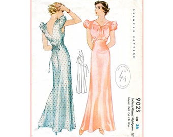 1930s vintage sewing pattern 30s  puff sleeve evening slip dress tie back lingerie night gown bust 36 reproduction