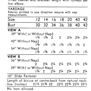 May include: A vintage sewing pattern for a blouse, with instructions for sizes 12-14-16-18-20-40-42. The pattern is for a tuck-in blouse with a collarless neckline, long fitted sleeves, and bracelet length. The pattern includes yardage requirements for different fabric types, including nap and without nap.
