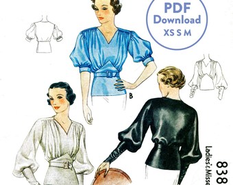 XS S M vintage sewing pattern vintage sewing pattern 1930s 30s misses women's art deco evening blouse lantern sleeves PDF Instant Download