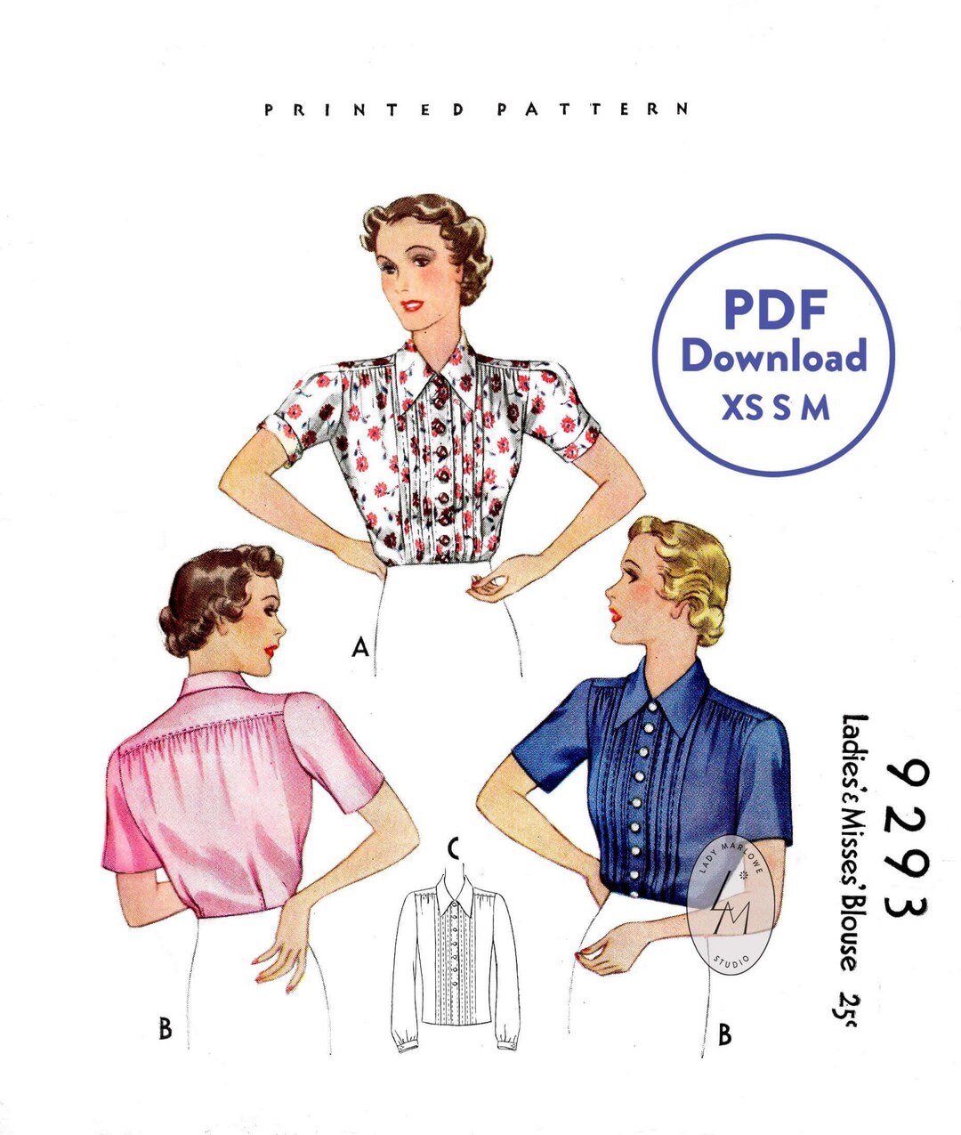 XS S M 1930s 30s Blouse Pattern in 3 Styles Vintage Sewing Pattern ...