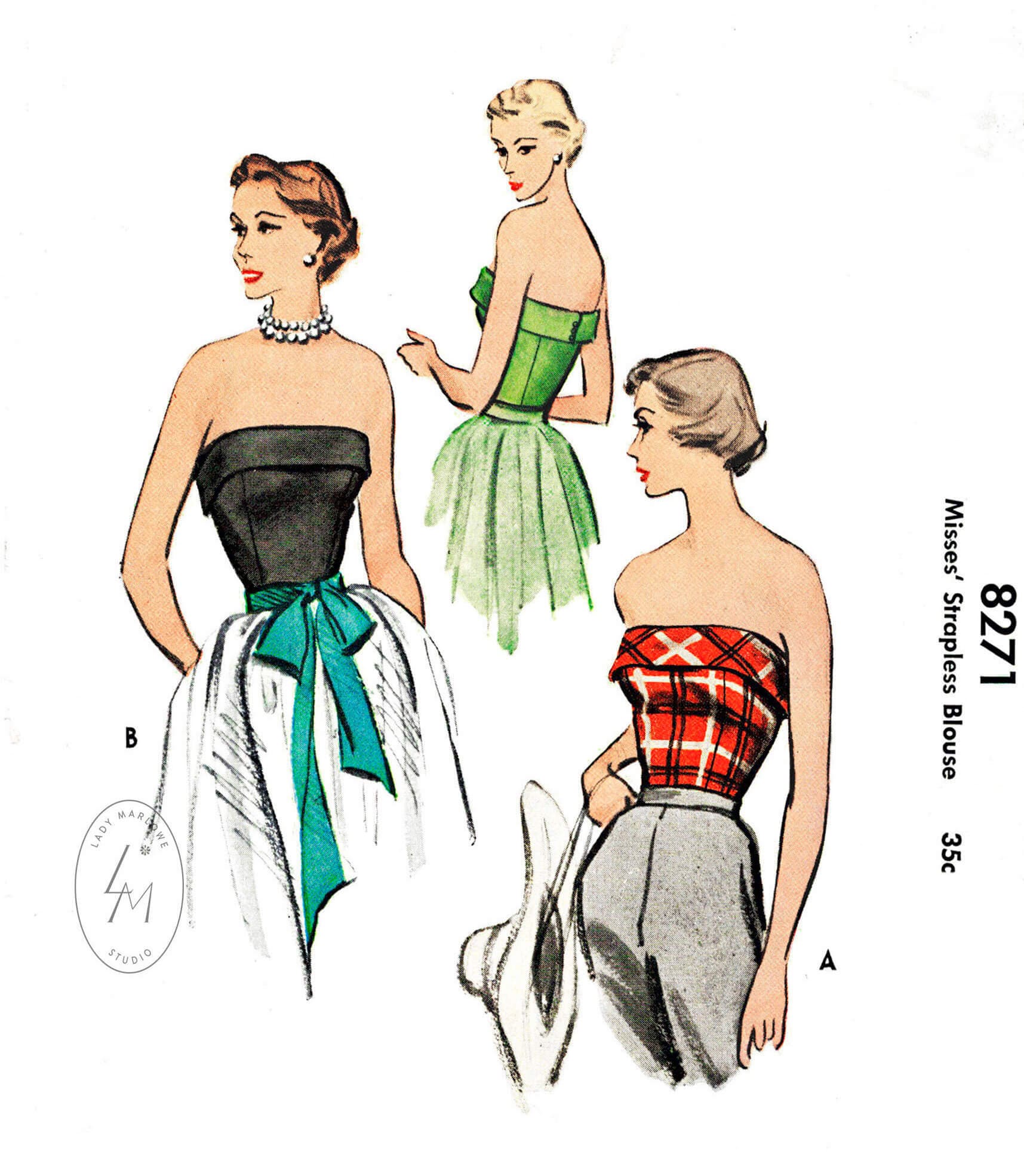 Vintage Sewing Pattern 1950s 50s Evening Bustier / Strapless Top / PICK  YOUR SIZE Bust 32 34 36 38 40 