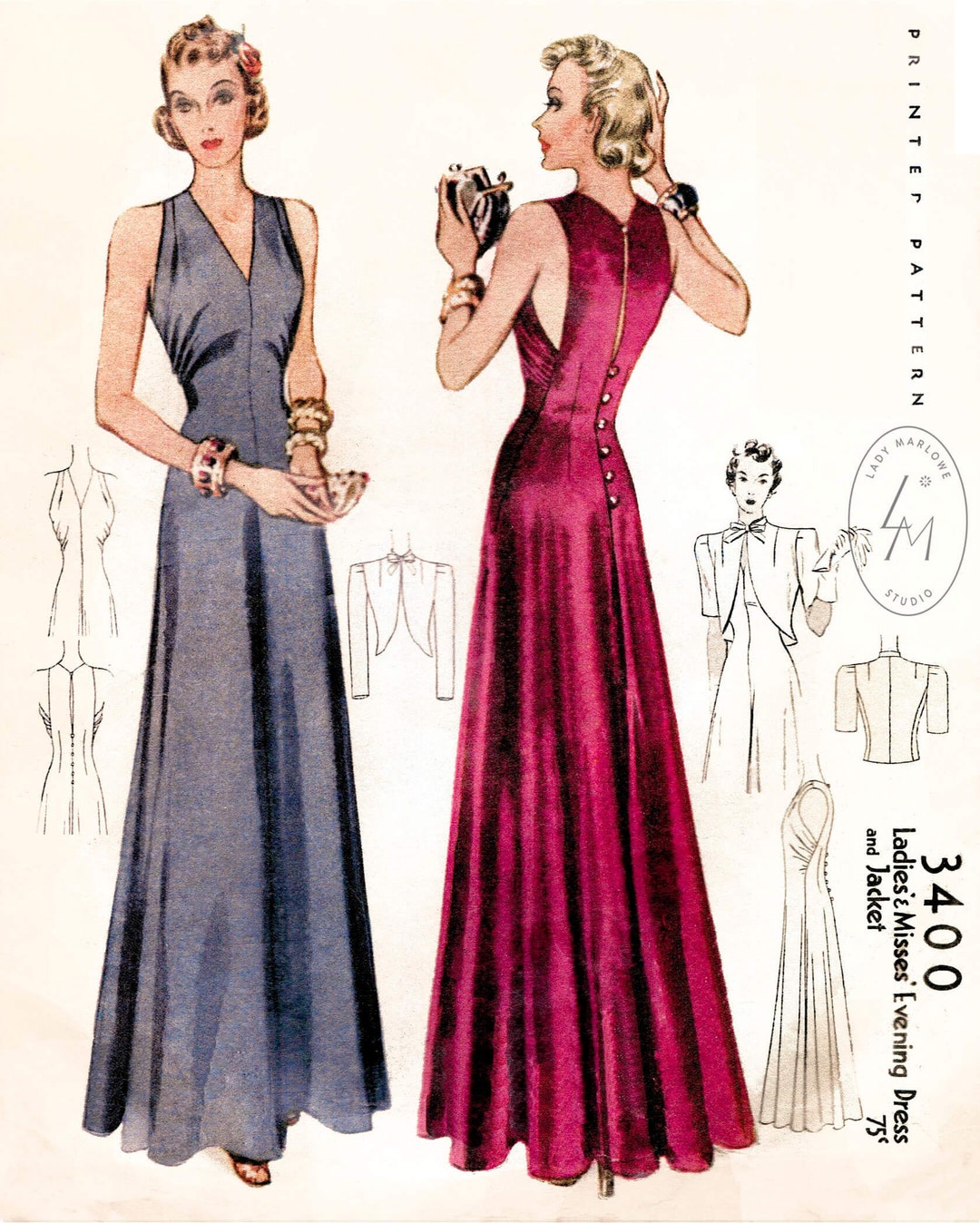 1930s 30s Evening Gown Pattern / Strappy Dress / Low V Back / Vintage  Sewing Pattern / Bust 32 34 36 38 40/ 1930 - Etsy