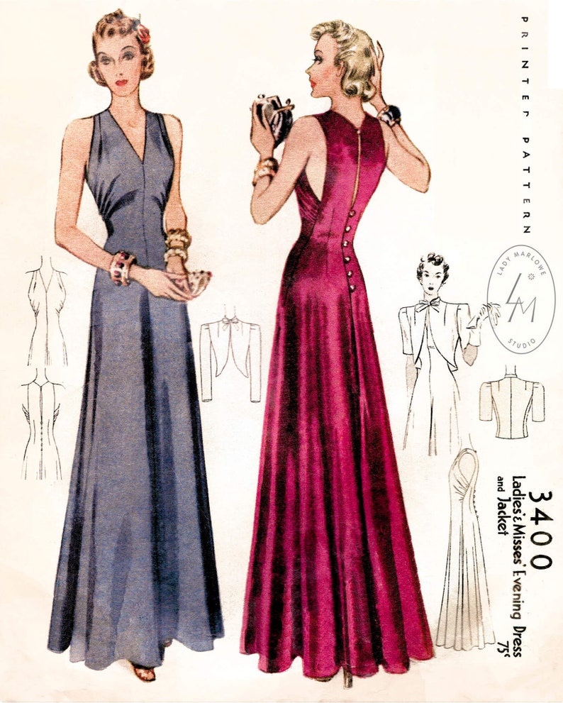 1930s 30s vintage evening gown sewing pattern reproduction / cocktail dress and bolero / English & French / bust 32 34 36 38 40 42 / 1930 image 1