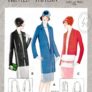 vintage sewing pattern 1920s 20s outerwear pattern 3 styles // cropped  bolero, jacket, duster coat // reproduction // bust 32 34 36 38 40