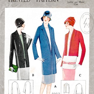 vintage sewing pattern 1920s 20s outerwear pattern 3 styles // cropped  bolero, jacket, duster coat // reproduction // bust 32 34 36 38 40