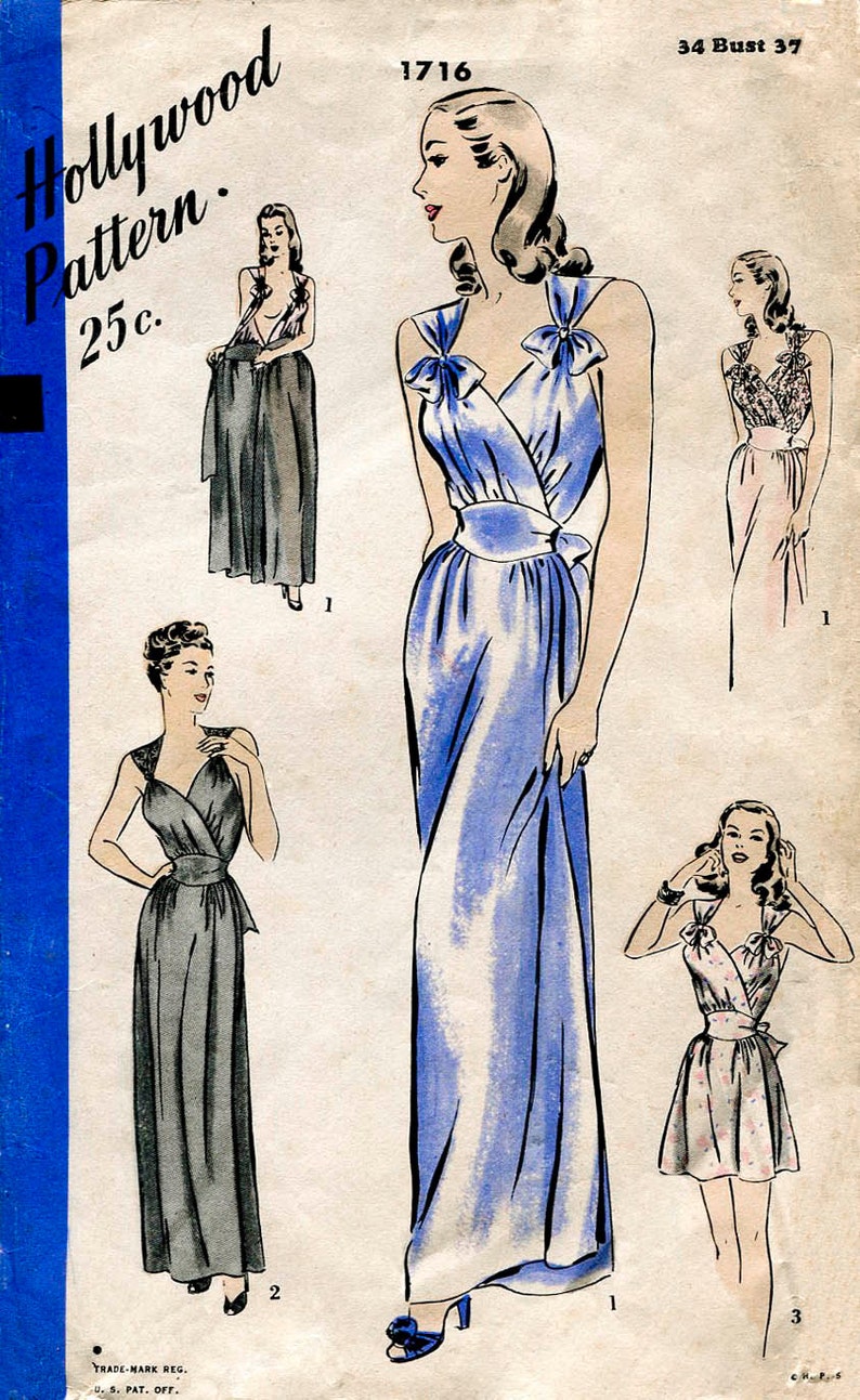 1940 30s 1930s 40s 1940s vintage lingerie sewing pattern gown negligee bow detail PICK YOUR SIZE Bust 32 34 36 38 40 image 2