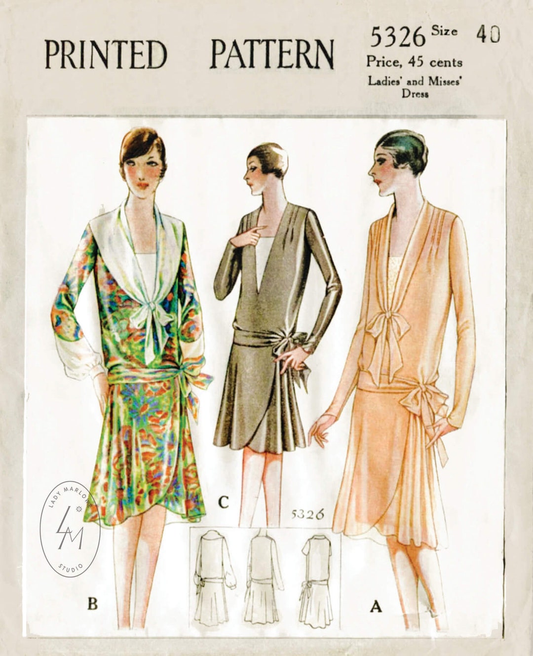 Vintage Sewing Pattern 1920s 20s 1928 Flapper Day Dress Tie