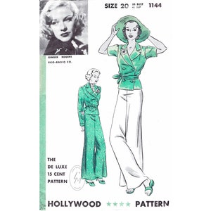 1930s vintage sewing pattern pajama beachwear / double breasted jacket / wide leg pants trousers / Bust 38 / 1930 reproduction