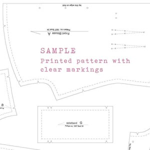 Puede incluir: Un patr&oacute;n de costura en blanco y negro para una blusa con marcas e instrucciones claras. El patr&oacute;n incluye piezas para el frente, la espalda y las mangas. El texto en el patr&oacute;n dice "Front Blouse A", "Front Yoke B" y "Wistband G".