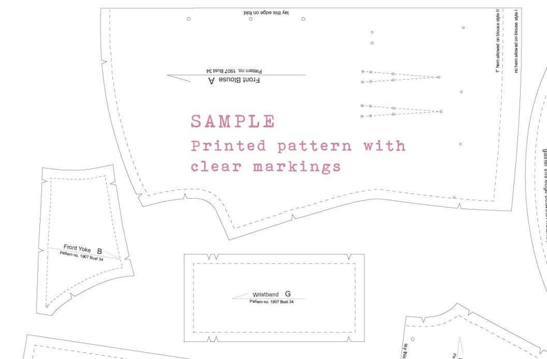 Puede incluir: Un patr&oacute;n de costura en blanco y negro para una blusa con marcas e instrucciones claras. El patr&oacute;n incluye piezas para el frente, la espalda y las mangas. El texto en el patr&oacute;n dice "Front Blouse A", "Front Yoke B" y "Wistband G".