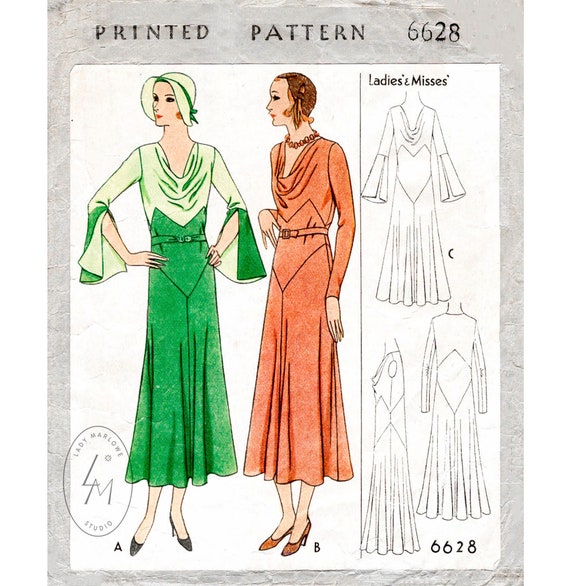 Vintage Sewing Pattern 1930s 30s Dress Reproduction // Art Deco