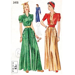 vintage sewing pattern 1930s 1940s   jumpsuit palazzo pants wide leg trousers loungewear bust 30 32 34 36 38