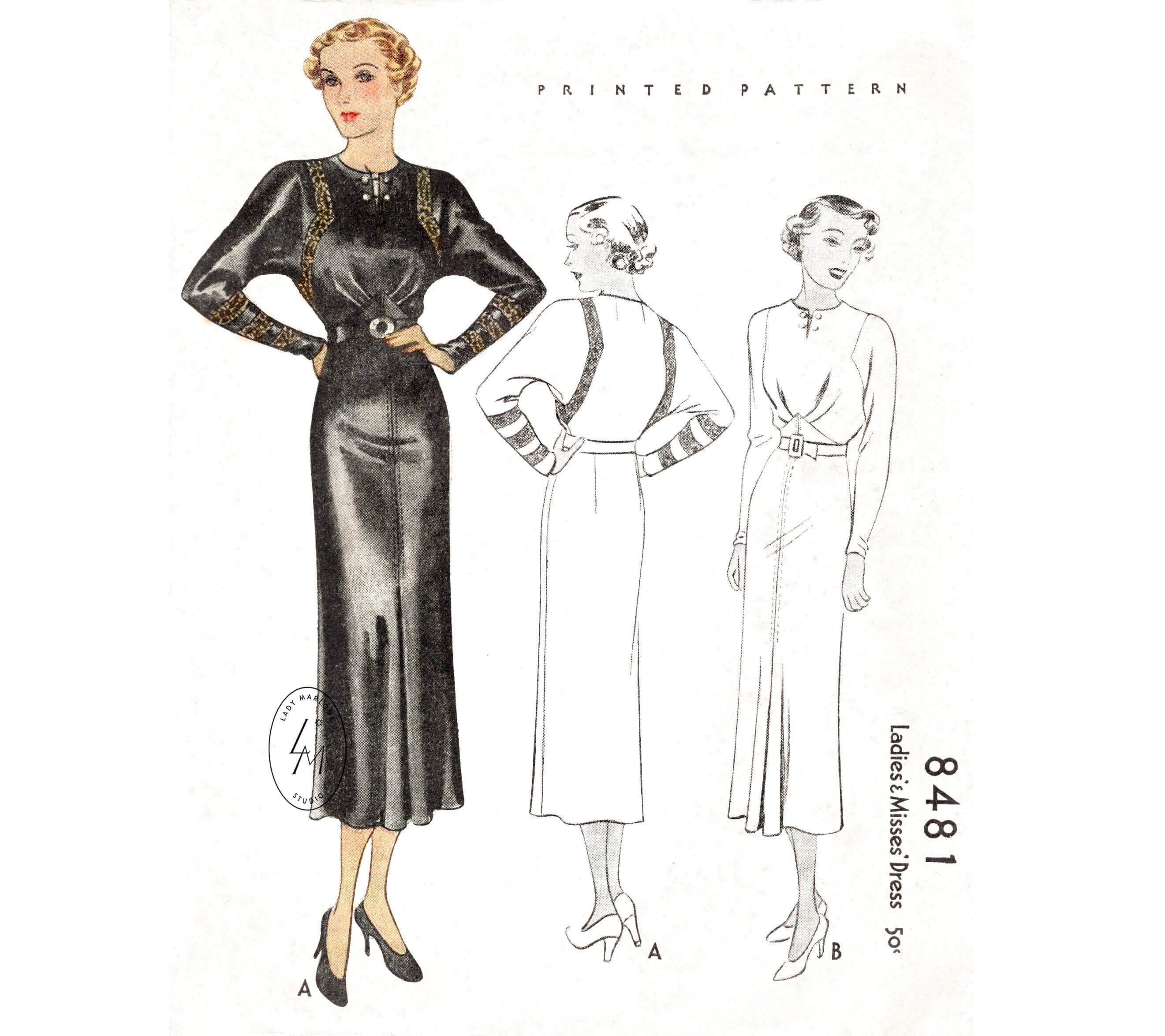 Patron de couture vintage années 1930 années 30 robe de jour ou de soirée  coupe veste // reproduction / taille haute / jupe évasée / Buste 32 34 36  38 / 1930 -  France