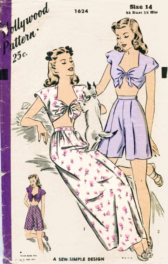 1940s 40s Vintage Pajama Front Tie Crop Top Sewing Pattern