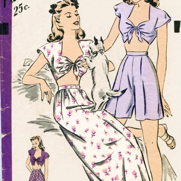 1940s 40s vintage pajama front tie crop top sewing pattern loungewear skirt high waist shorts Bust 32 b32