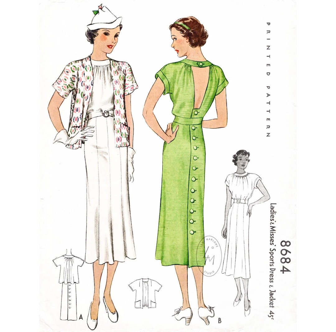 1930s 30s Vintage Sewing Pattern / Day Dress & Box Jacket / Bust 32 34 ...
