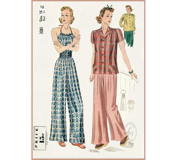 Vintage Sewing Pattern 1930s 30s 1940s Vintage Pajama Sewing Pattern Pajama Loungewear Halter Wide Leg Bust 34 B34 Etsy UK