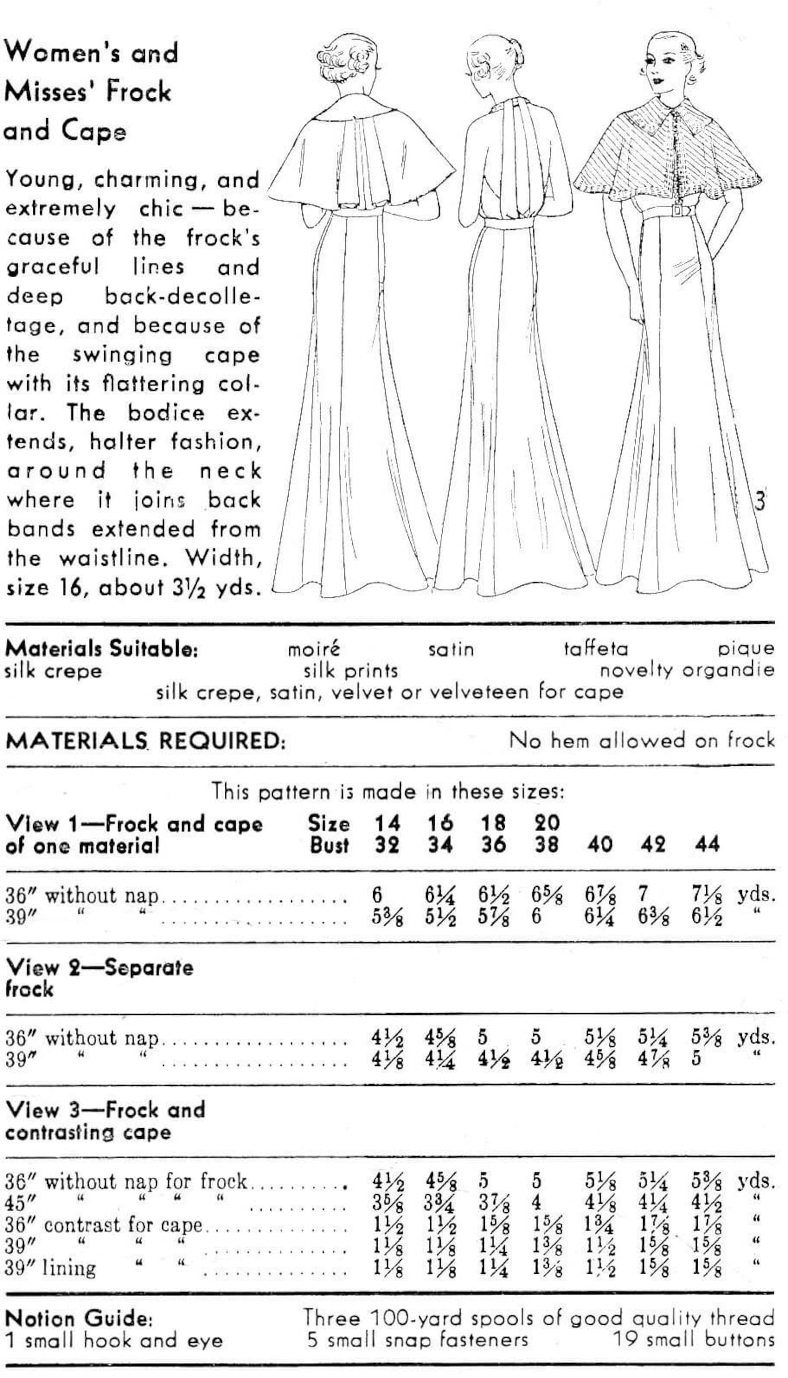 1930s 30s Evening Gown & Cape Pattern / Strappy Dress / Low V Back / Vintage Sewing Pattern