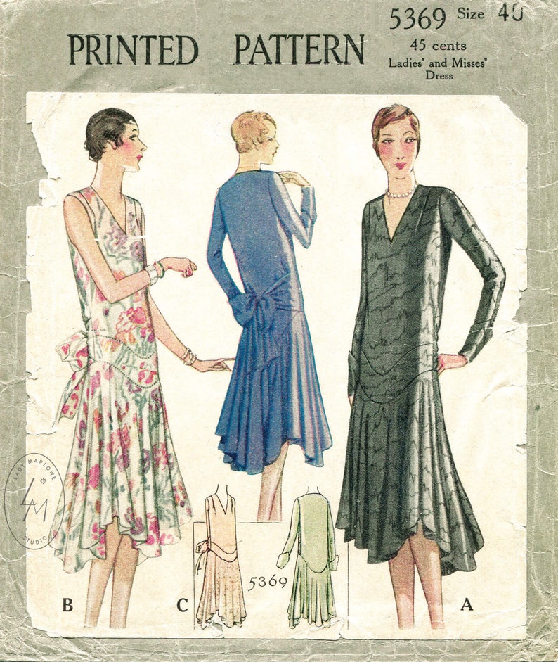vintage sewing pattern 1920s 1930s flapper day or evening dress bias cut drop waist PICK YOUR SIZE bust 32 34 36 38 40 reproduction